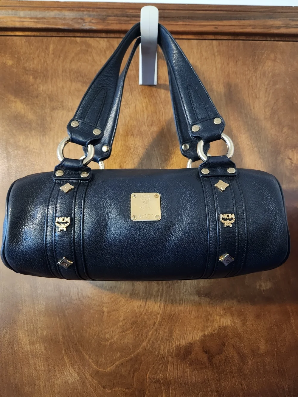 MCM Black Leather Barrel Bag with Gold Hardware